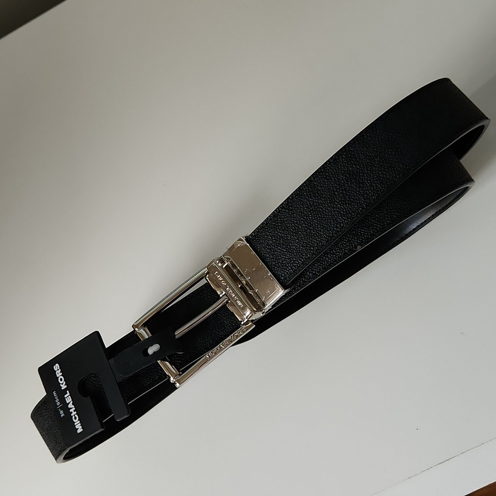 Michael Kors Logo Monogram Belt Black & Grey Silver Buckle NWT Size 38